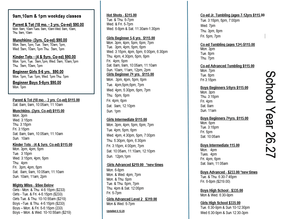 Premier Gymnastics Academy School Schedule
