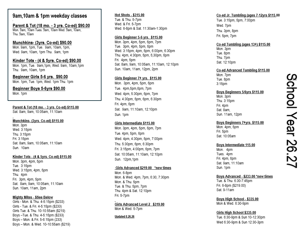 Premier Gymnastics Academy School Schedule